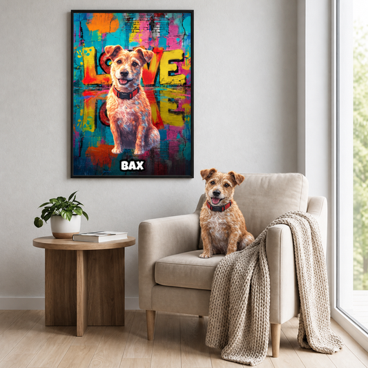Poster personalizzato in stile street art di un cane in colori vivaci con il nome "BAX". Cane seduto su una poltrona beige.