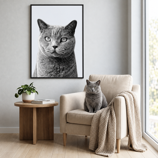 Ritratto grigio di animale in cornice nera alla parete sopra una poltrona beige con un gatto grigio.