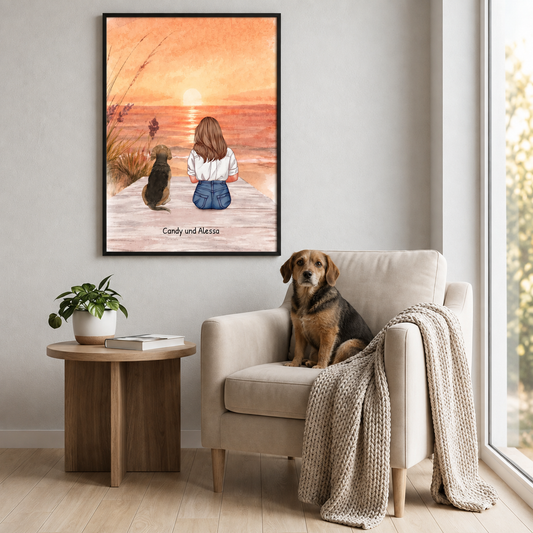 Illustrazione personalizzata di una ragazza e un cane in spiaggia, in colori caldi, in una cornice elegante.
