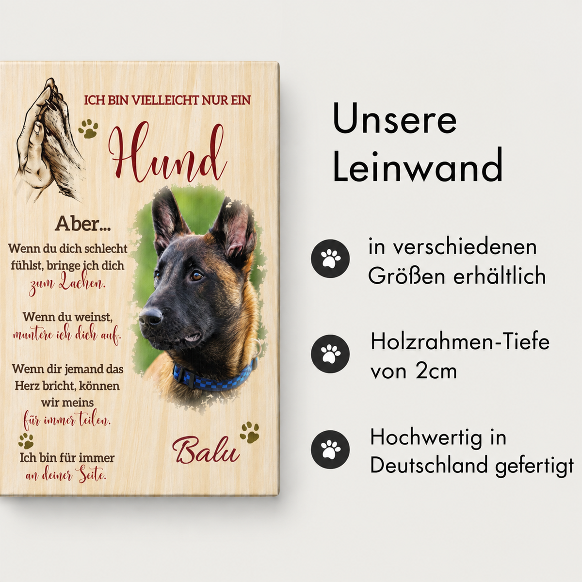Tela personalizzata con motivo di cane e testo, telaio in legno, diverse misure disponibili.