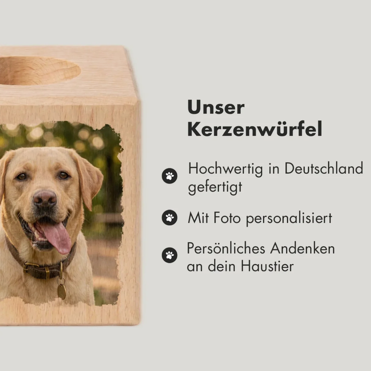 Cubo portacandela in legno personalizzato con foto di cane, prodotto in Germania.