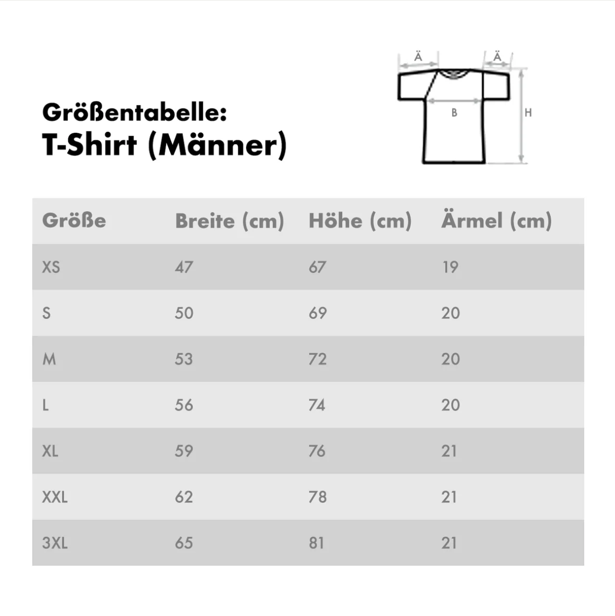 Tabella taglie per T-shirt personalizzate da uomo con misure in cm.