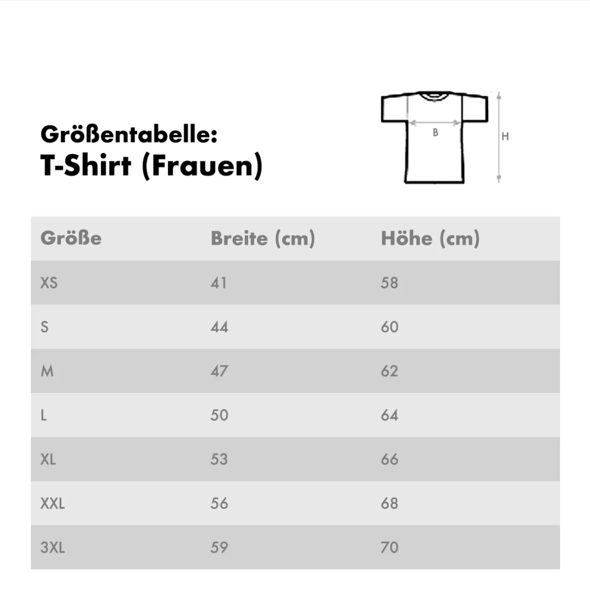 Tabella taglie per T-shirt da donna con misure di larghezza e lunghezza.
