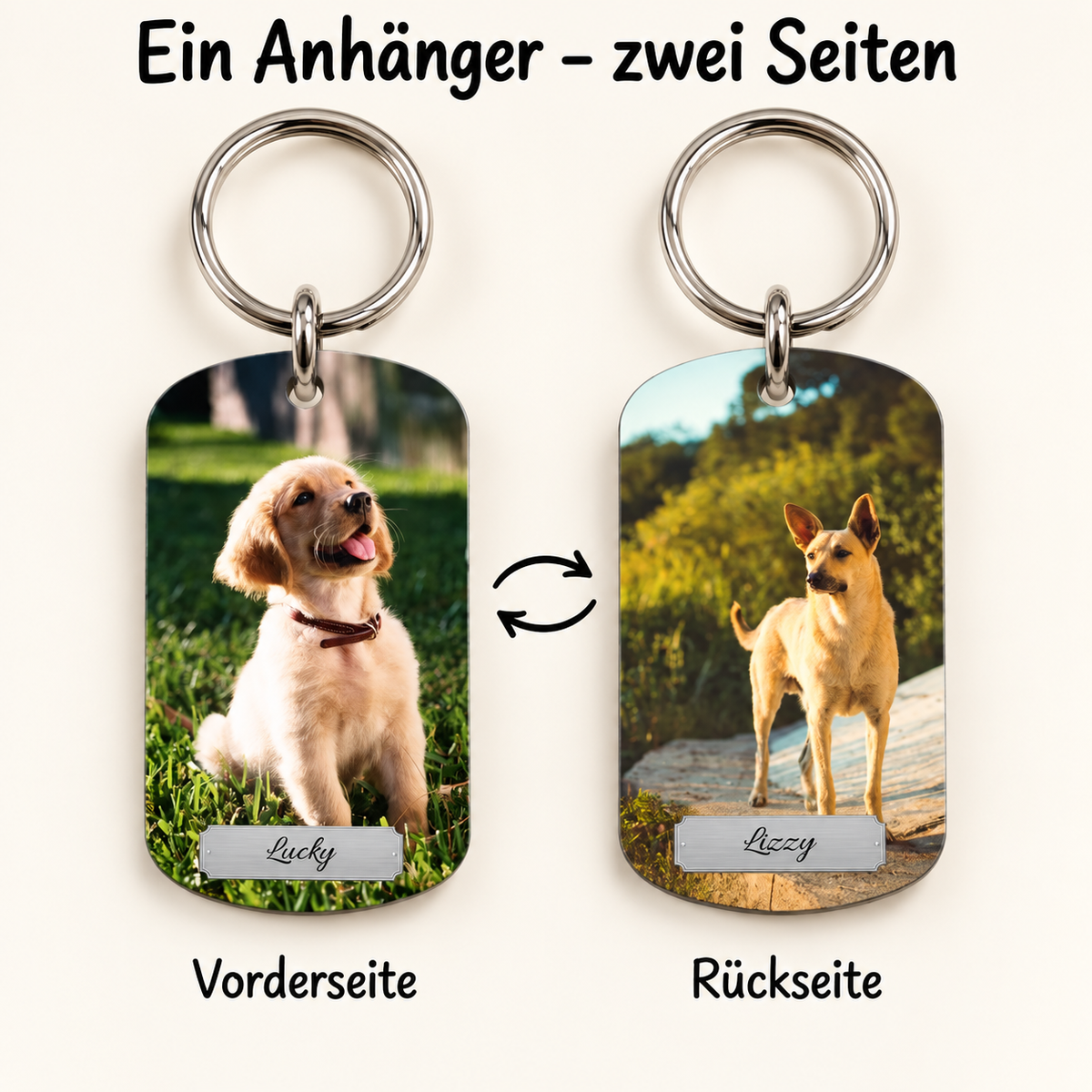 Portachiavi personalizzato con due foto di cani sul fronte e sul retro. Anello in metallo.