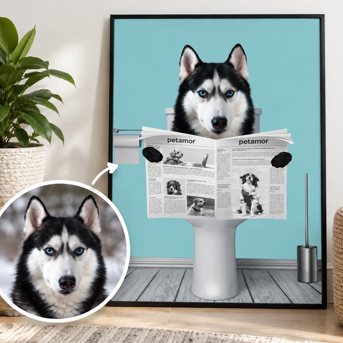 Illustrazione personalizzata di un husky seduto sul water che legge il giornale. Sfondo azzurro.
