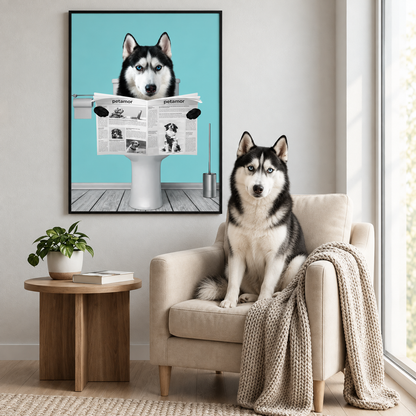 Poster di un cane che legge il giornale su sfondo azzurro. Cane seduto su una poltrona beige con una coperta.