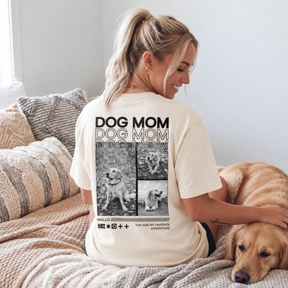 T-shirt beige con la scritta "Dog Mom" e motivi di cani sul retro.
