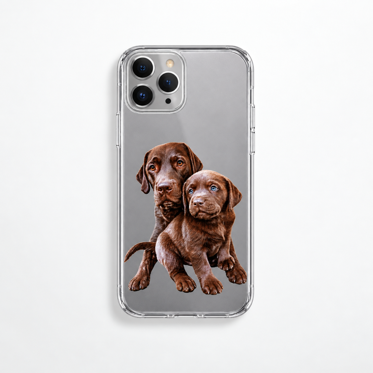 Cover in plastica trasparente con il motivo di due cani marroni.