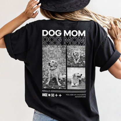 T-shirt nera con la scritta "DOG MOM" e foto di cani sul retro.