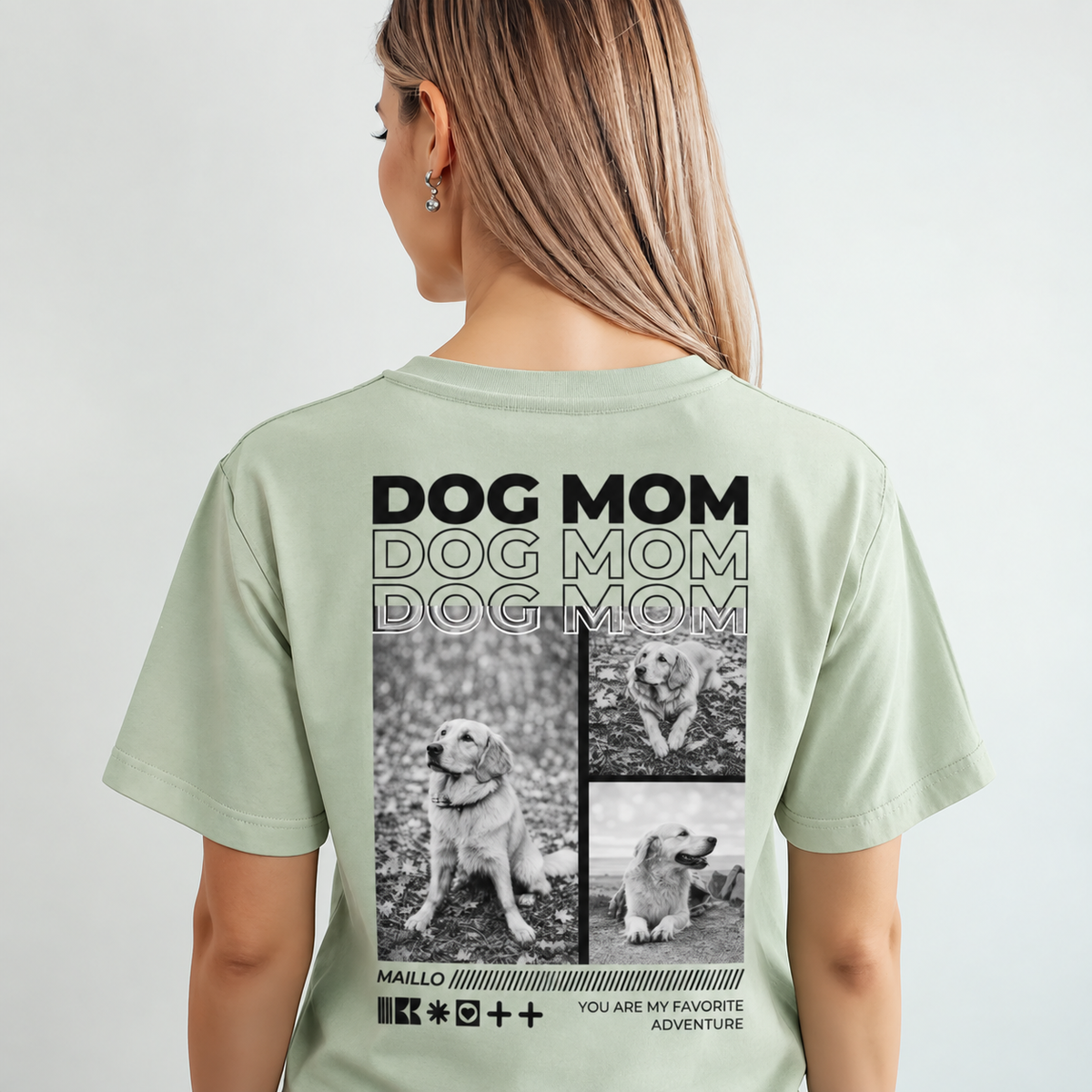 T-shirt verde menta personalizzata con la scritta "Dog Mom" e foto di cani sul retro.