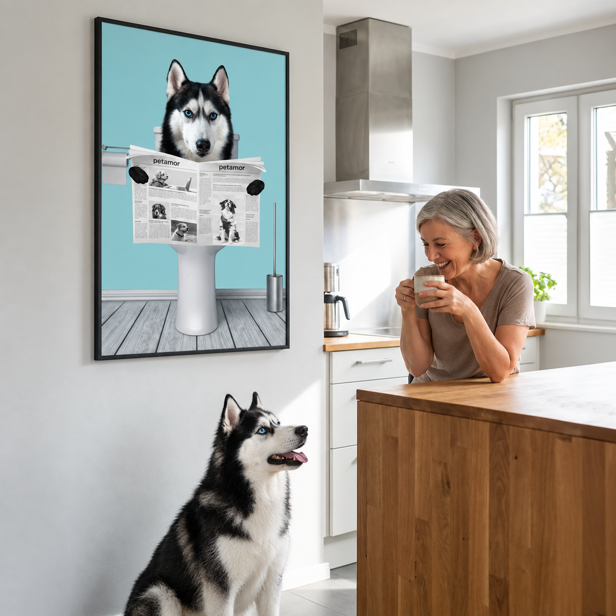 Poster personalizzato di un husky che legge il giornale, in una cucina moderna.