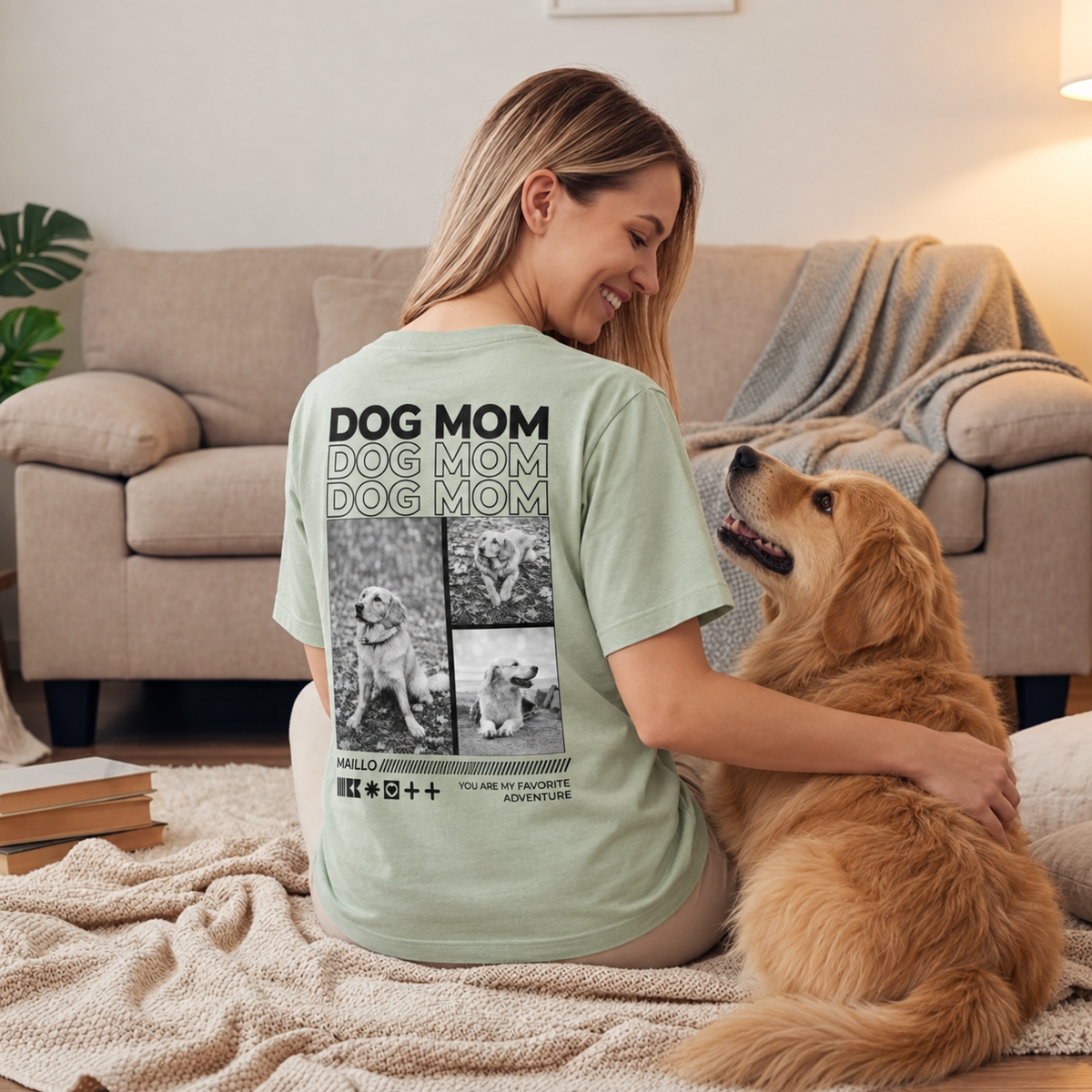 T-shirt verde personalizzata con motivo "Dog Mom" e foto di cani sul retro.