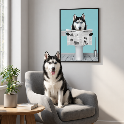 Poster colorato di un cane seduto sul water che legge il giornale. Design senza cornice.