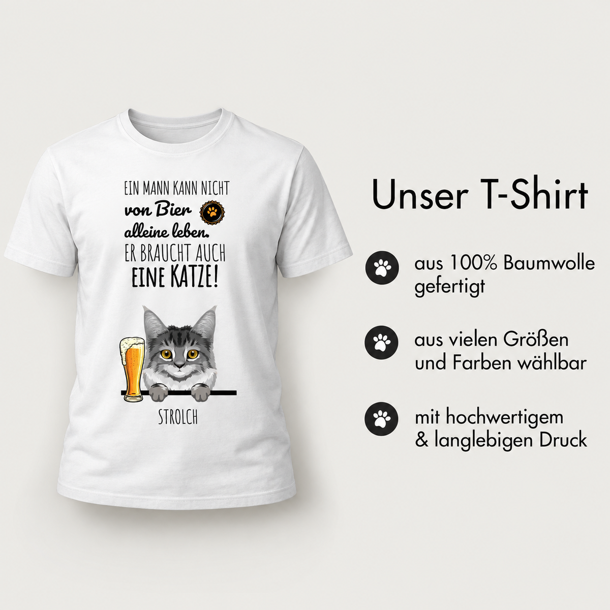 T-shirt bianca in 100% cotone con illustrazione di un gatto e birra, più una frase.