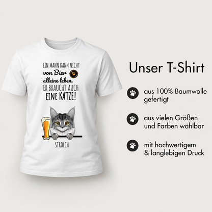 T-shirt bianca in 100% cotone con illustrazione di un gatto e birra, più una frase.