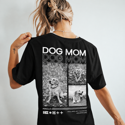 T-shirt nera con la scritta "Dog Mom" e foto di cani sul retro.
