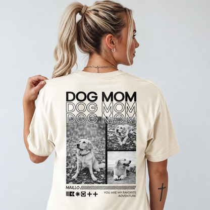 T-shirt beige con motivi di cani e scritta "DOG MOM" sul retro.