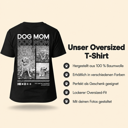 T-shirt oversize nera in 100% cotone con la scritta "Dog Mom" e collage di foto.