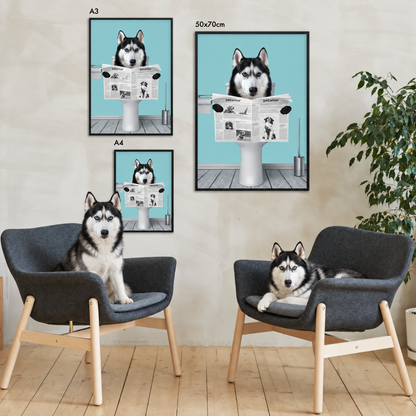 Tre poster personalizzati di un husky che legge il giornale in cornici nere. Sedie e pianta sullo sfondo.