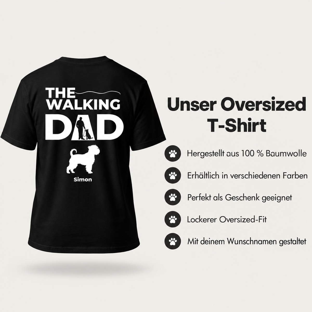 T-shirt oversize nera in 100% cotone con la scritta "The Walking Dad" e un motivo di cane.