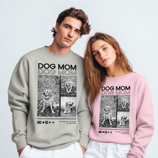 Due felpe personalizzate grigia e rosa con la scritta "Dog Mom" e foto di animali.