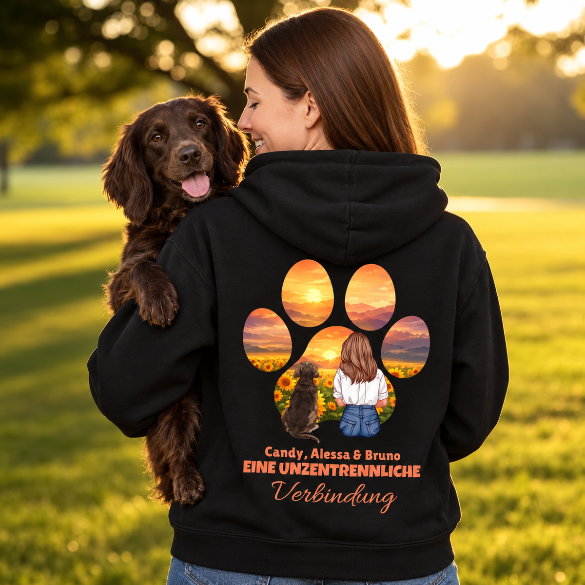 Felpa con cappuccio nera con motivo di zampa colorato e scritta personalizzata sul retro.