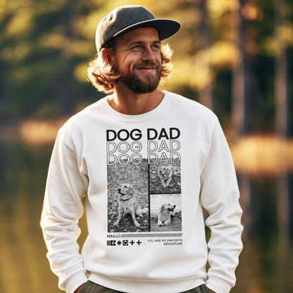 Felpa color crema personalizzata con scritta nera "DOG DAD" e foto di cani.