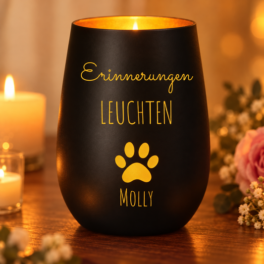 Lumino commemorativo nero personalizzato con scritta gialla e impronta, brilla dolcemente.