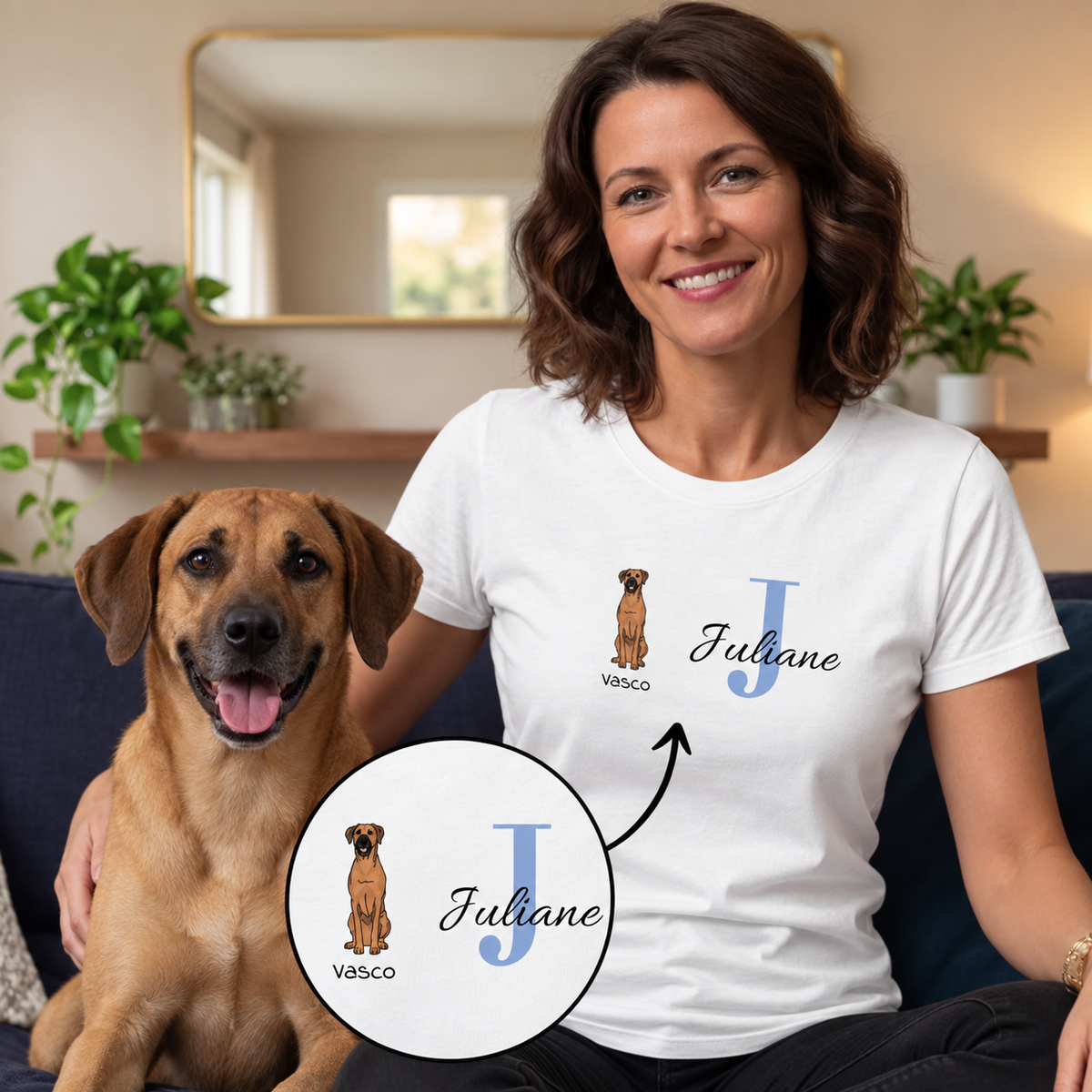 T-shirt bianca con un cane stampato, il nome Juliane e l'iniziale J.