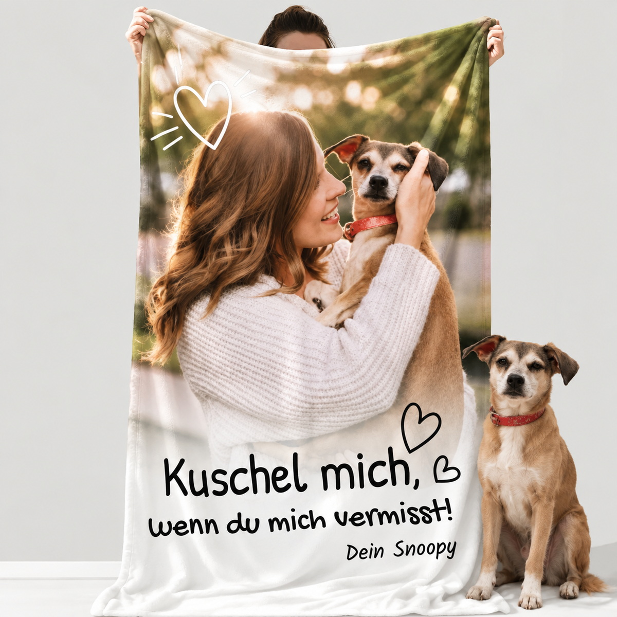 Coperta personalizzata stampata con una donna e un cane e il testo "Kuschel mich, wenn du mich vermisst!"