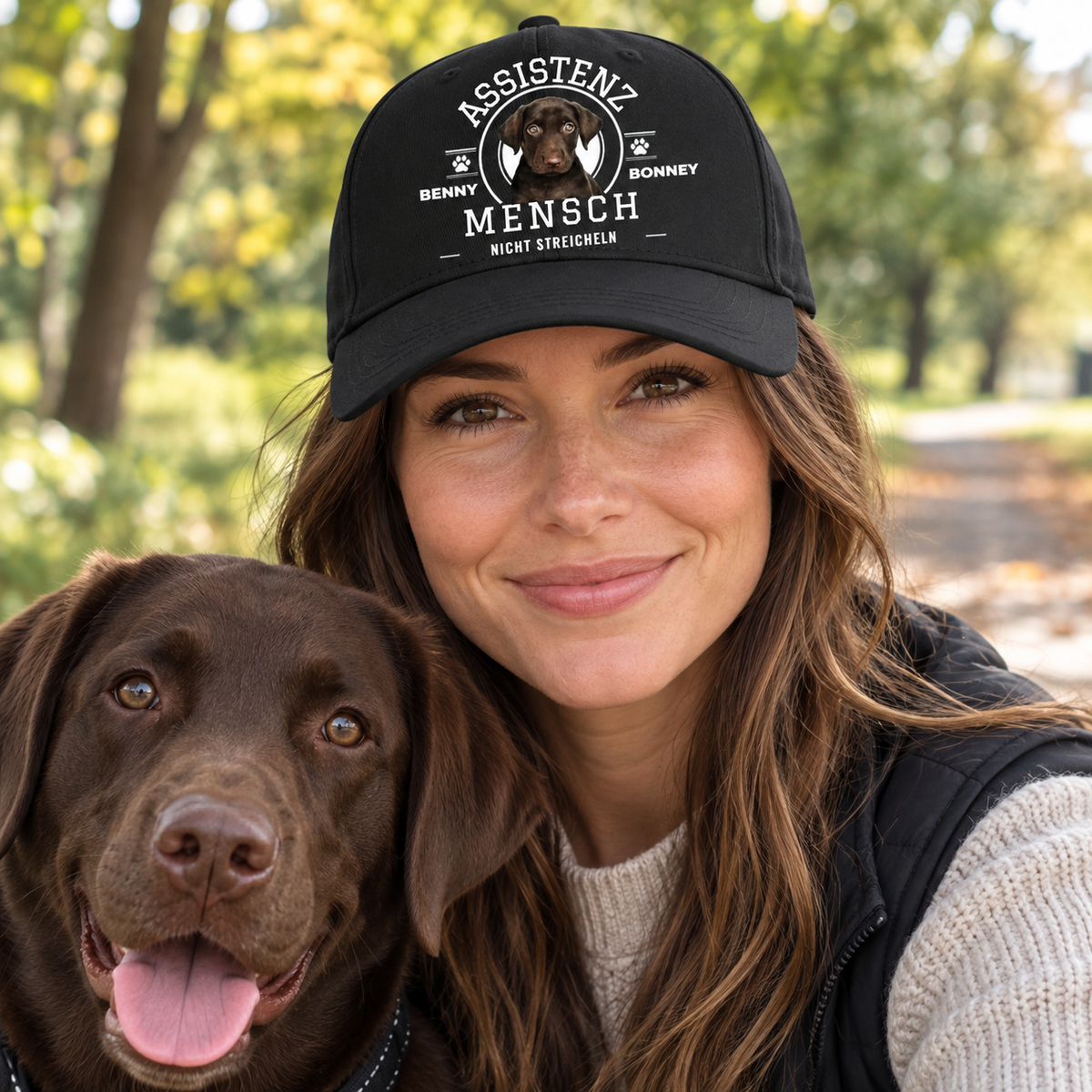 Cappellino nero personalizzato con stampa “Assistenz Mensch - nicht streicheln” e immagine di cane. Donna sorridente con cane.