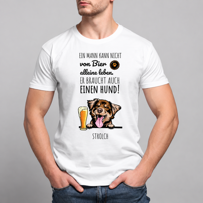 T-shirt bianca con divertente stampa di un cane e birra, testo sul legame tra birra e cane.