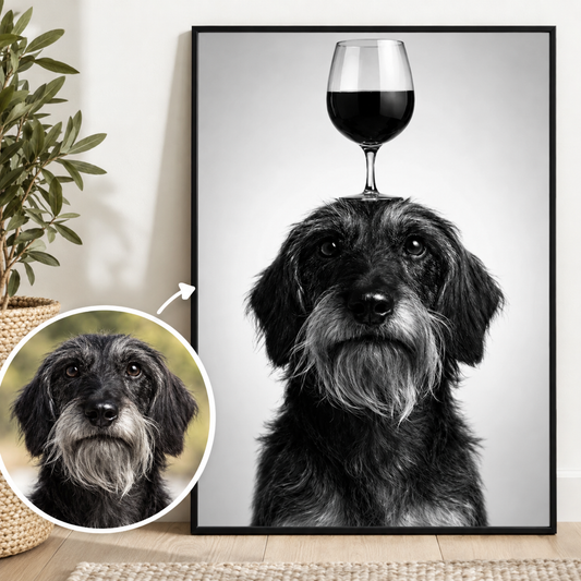 Poster in bianco e nero di un cane con un calice in testa, in una cornice moderna.