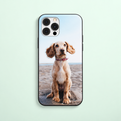 Cover per cellulare con foto di un cane seduto in spiaggia, bordo nero.