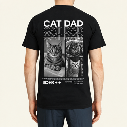 T-shirt nera con la scritta "Cat Dad" e foto di gatti sul retro.
