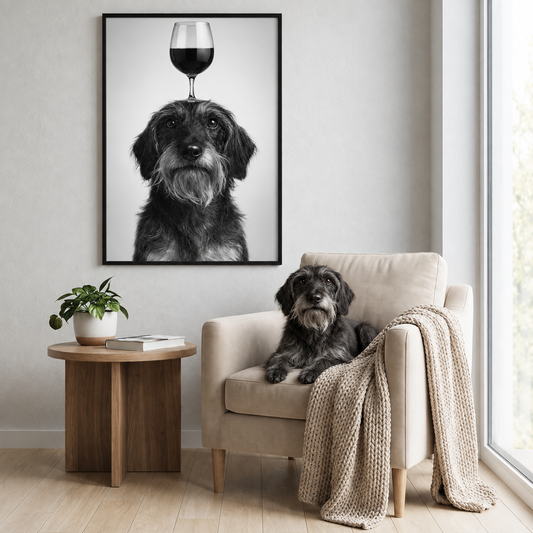 Poster in bianco e nero incorniciato di un cane con un calice in testa. Cane seduto su una poltrona beige in una stanza moderna.
