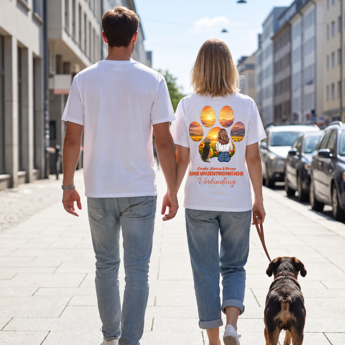 Due persone con T-shirt bianche, mano nella mano, a passeggio con un cane. Dietro si vedono edifici della città.