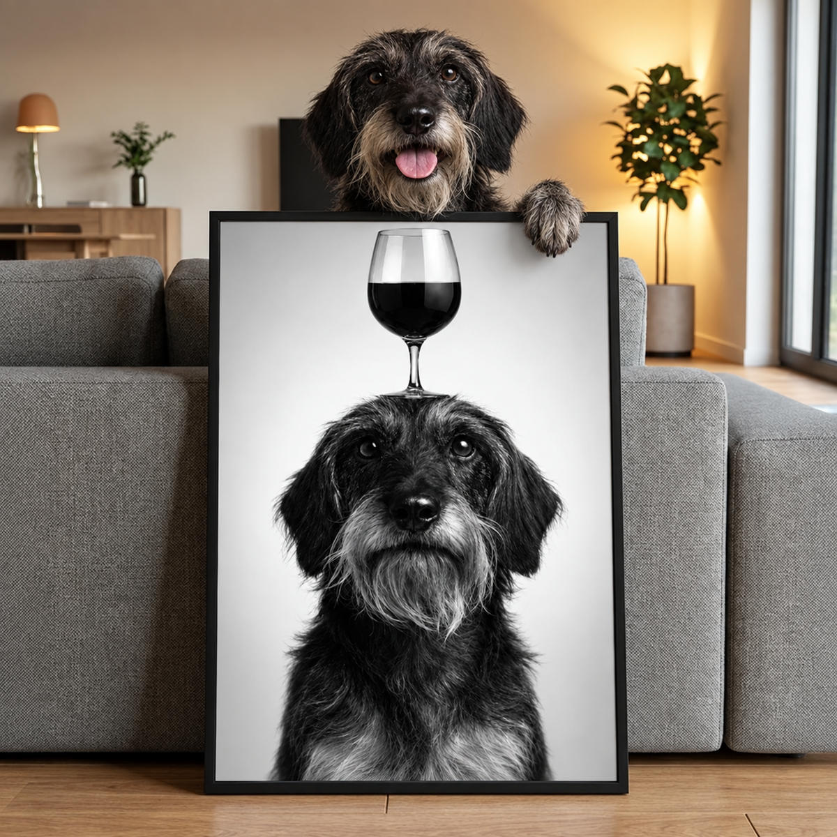 Decorazione da parete personalizzata con ritratto di cane e un calice in testa.