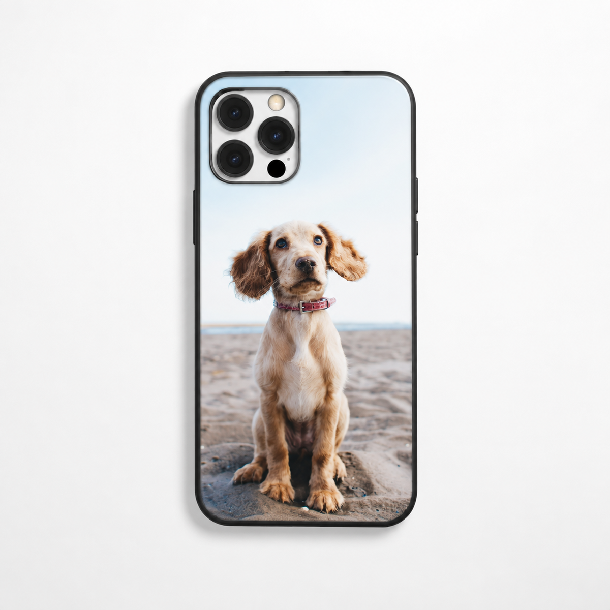 Cover per cellulare personalizzata con foto di un cane su una spiaggia, bordo nero, per smartphone.