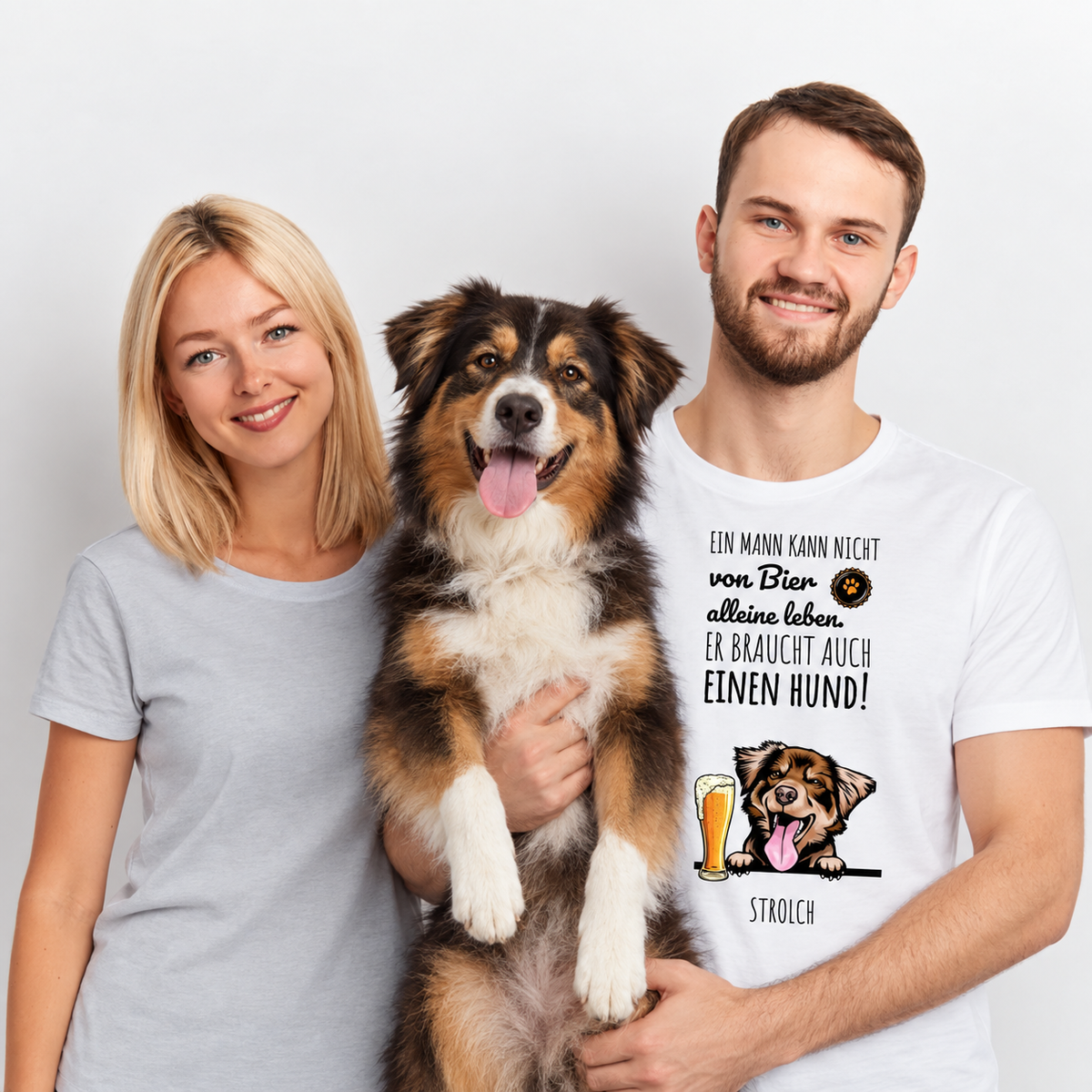 T-shirt bianca personalizzata con la scritta "Ein Mann kann nicht von Bier allein leben...", un cane e un bicchiere di birra.