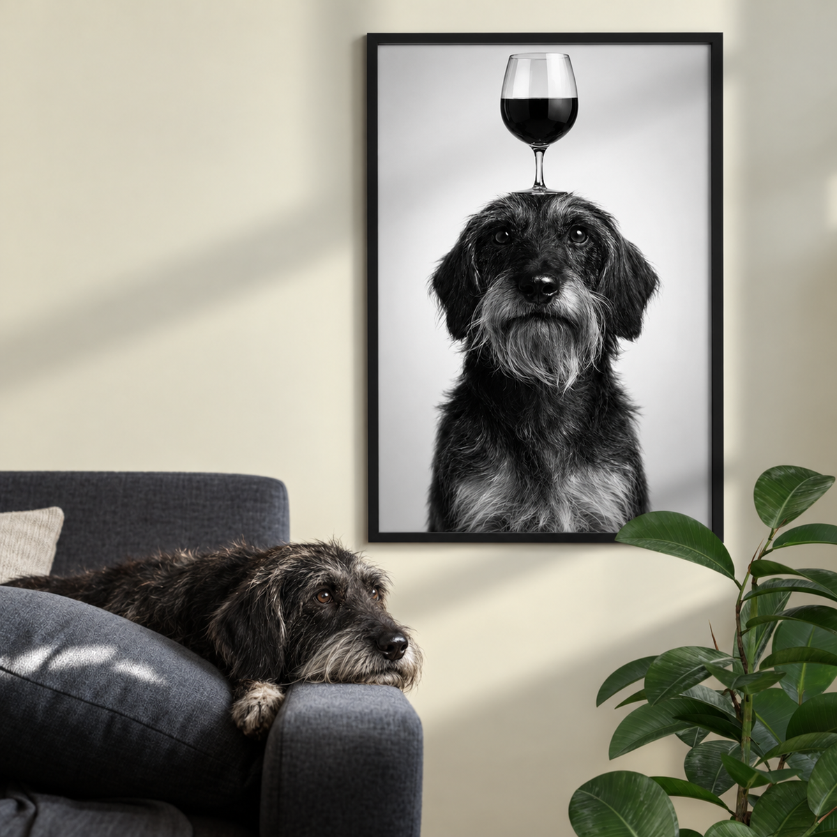 Poster in bianco e nero di un cane con un calice in testa, incorniciato e appeso al muro.