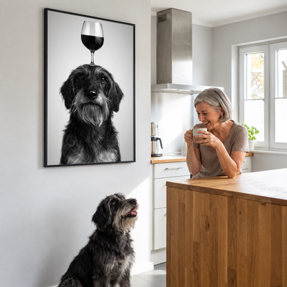 Decorazione da parete personalizzata con foto di cane e calice, donna con una tazza in una cucina moderna.