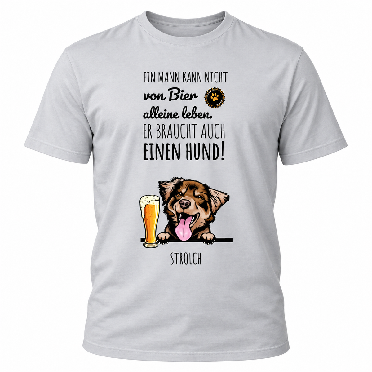 T-shirt grigia personalizzata con motivo di cane e bicchiere di birra, stampa spiritosa e divertente.