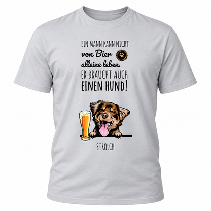 T-shirt grigia personalizzata con motivo di cane e bicchiere di birra, stampa spiritosa e divertente.