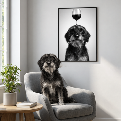 Poster in bianco e nero di un cane con un calice in testa, sulla parete sopra una poltrona accogliente.