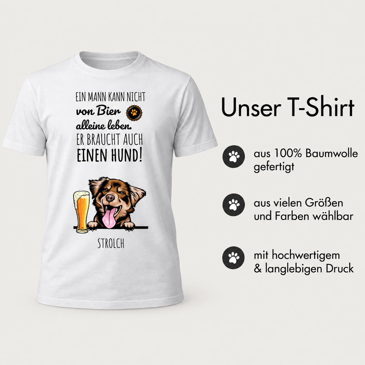 T-shirt bianca in 100% cotone con divertente stampa di un cane e birra. Testo sulla vita con un cane.