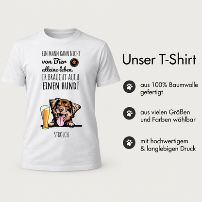 T-shirt bianca in 100% cotone con divertente stampa di un cane e birra. Testo sulla vita con un cane.