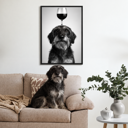 Poster in bianco e nero di un cane con un calice in testa, incorniciato sopra un divano con cuscini e piante.