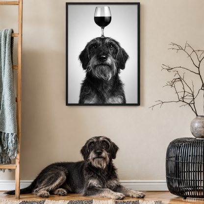 Poster in bianco e nero di un cane con un calice in testa, appeso alla parete. Un cane sdraiato davanti.