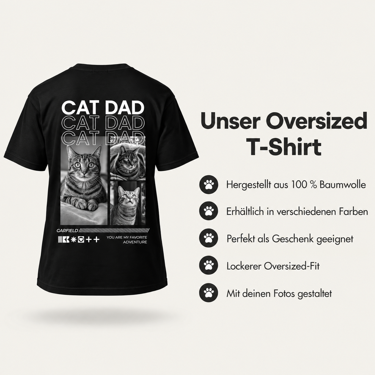 T-shirt oversize nera con la scritta "Cat Dad" e foto di gatti. 100% cotone.